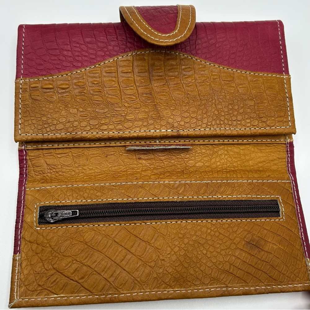 Fuschia Pink Tan Crocodile-Embossed Genuine Leather Wallet